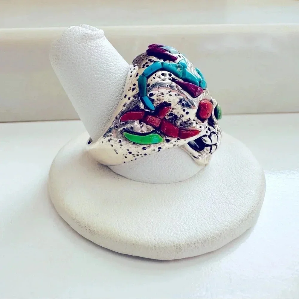 Handmade Sterling Silver & Multi Stone Inlay Skull/Biker/Rocker Ring Size 9.5